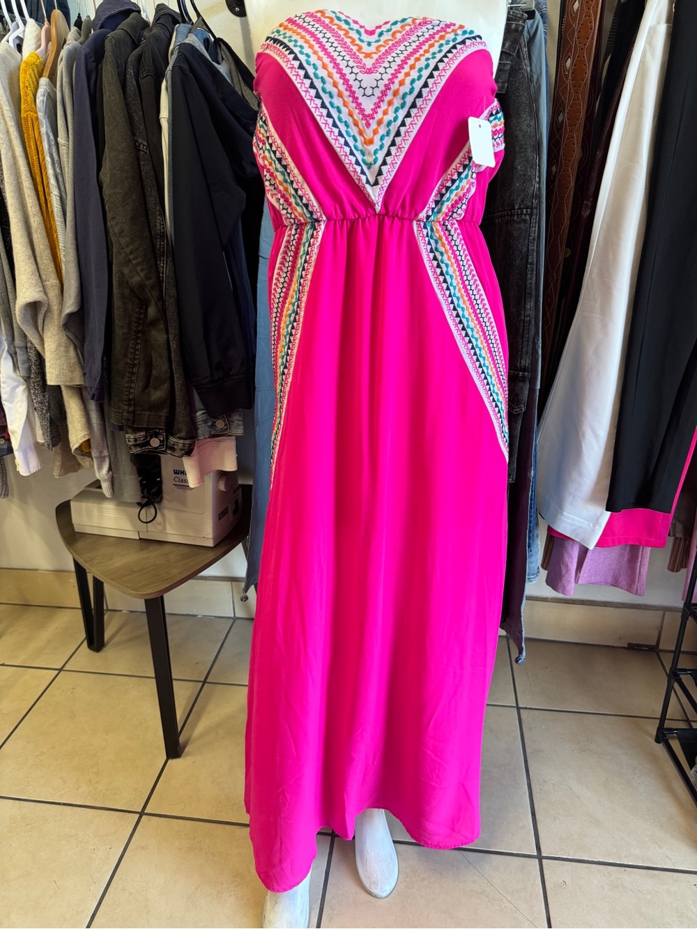 My Michelle Hot Pink Strapless Maxi Dress with Multicolor Embroidery